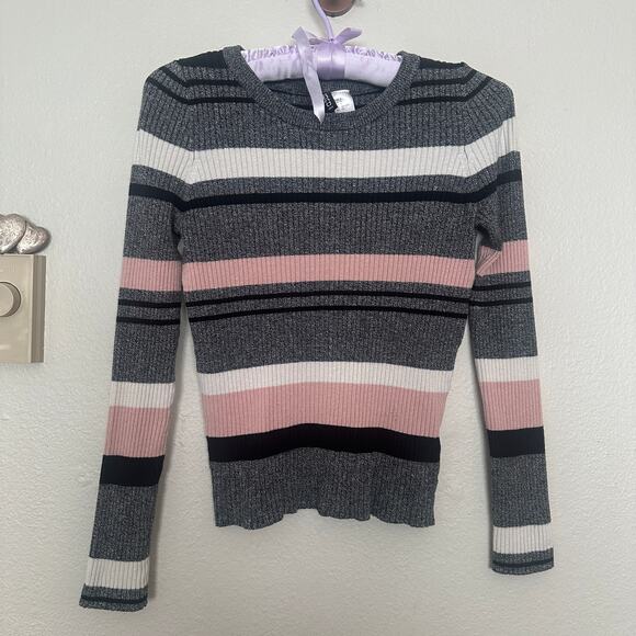 H&M S Striped Pink Black Grey White Ribbed Knit Stretchy Sweater Chic Classic - Picture 3 of 5